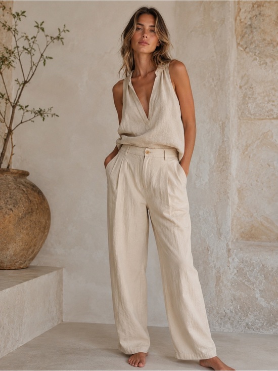 Handmade Pants - Neutral Linen-Blend Wide Leg Pants — Women Sz L  P-15